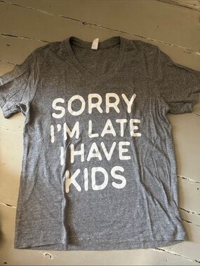 Sweetees Gray V‑Neck Tee with White Bold Text
